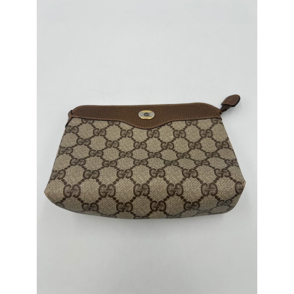Gucci Vintage GG Supreme Monogram Canvas Brown Leather Pouch Clutch Bag 80s